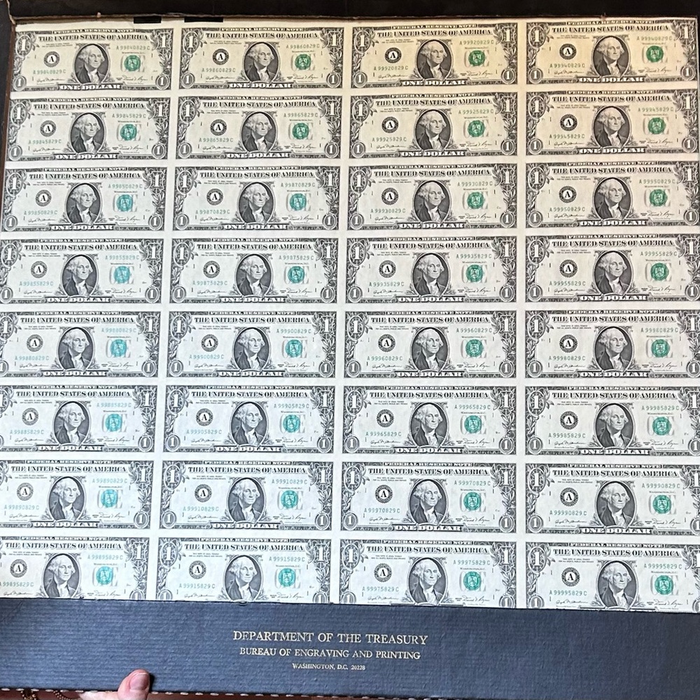 - 32 uncut Uncirculated $1 bills 1981 in Washington, D.C. matted. Rare Yea…